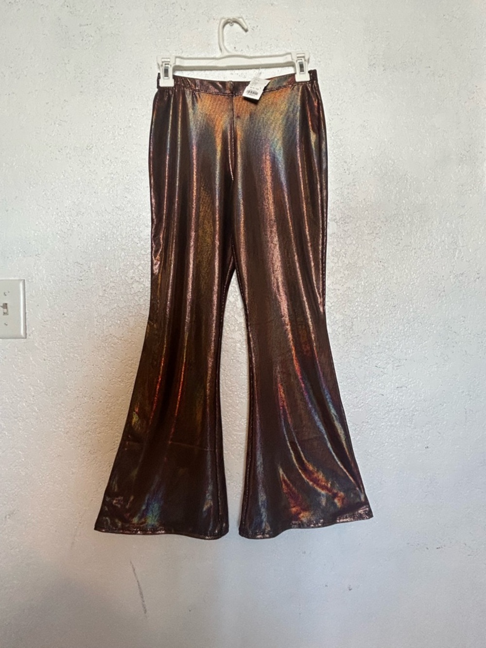 Urs Women Metallic Brown Flare Pants Shiny Stretch Pullover Pant Size Small